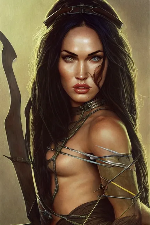 Image similar to portrait of megan fox as an elven archer, dark, piercing eyes, gentle expression, elegant clothing, photorealistic, highly detailed, artstation, smooth, sharp focus, art by michael whelan, artgerm, greg rutkowski and alphonse mucha