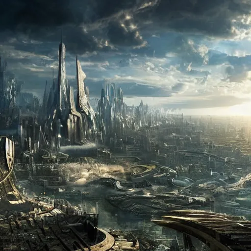 Image similar to An epic future utopian science fantasy cityscape, sustainable architecture, hyperdetailed photorealistic wide angle landscape painting, by Zack Snyder and James Cameron