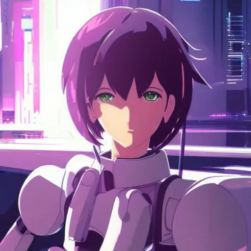 Image similar to makoto shinkai. robotic android girl. cyberpunk.