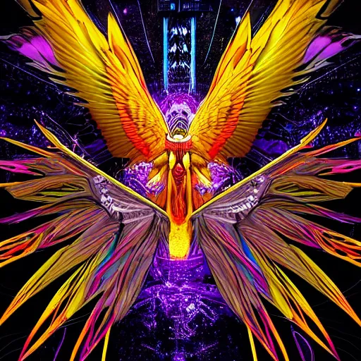 Prompt: multicolored open wings, a big yellow star below, an open eye in its center, space in the background, cyberpunk, details visible, digital art