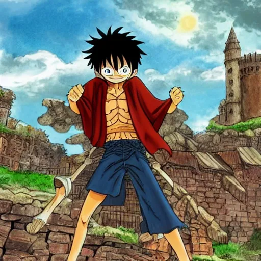 Image similar to luffy in the harry potter universe far away at some ruins from a castle. a wizard is already there and summons a portal that would take me back home.