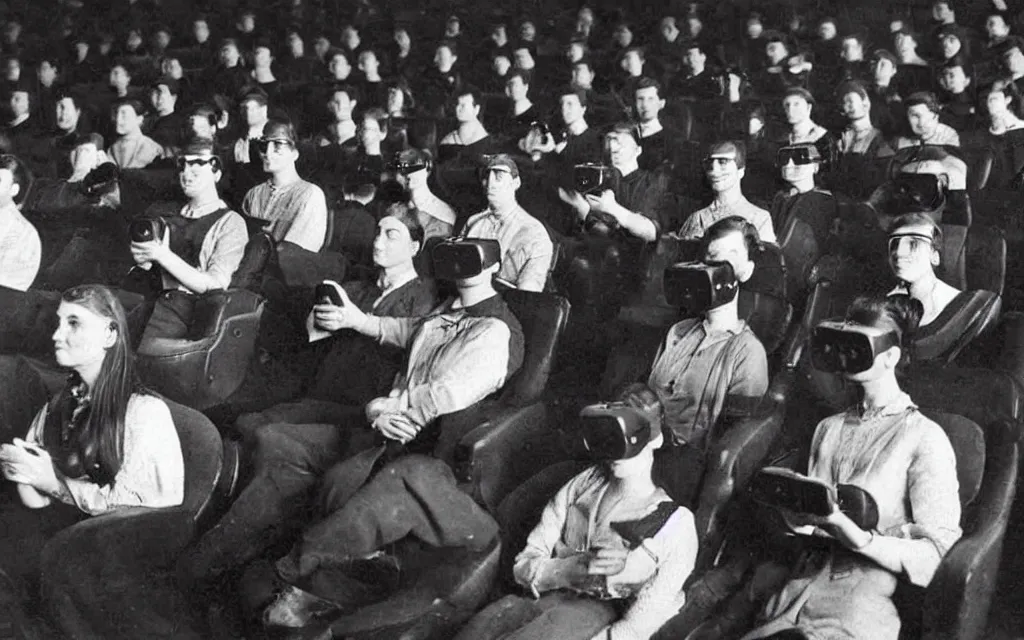 Image similar to 1 9 0 0 s photo of people using iphones ipods virtual reality headsets vr watching hd tv in a movie theater