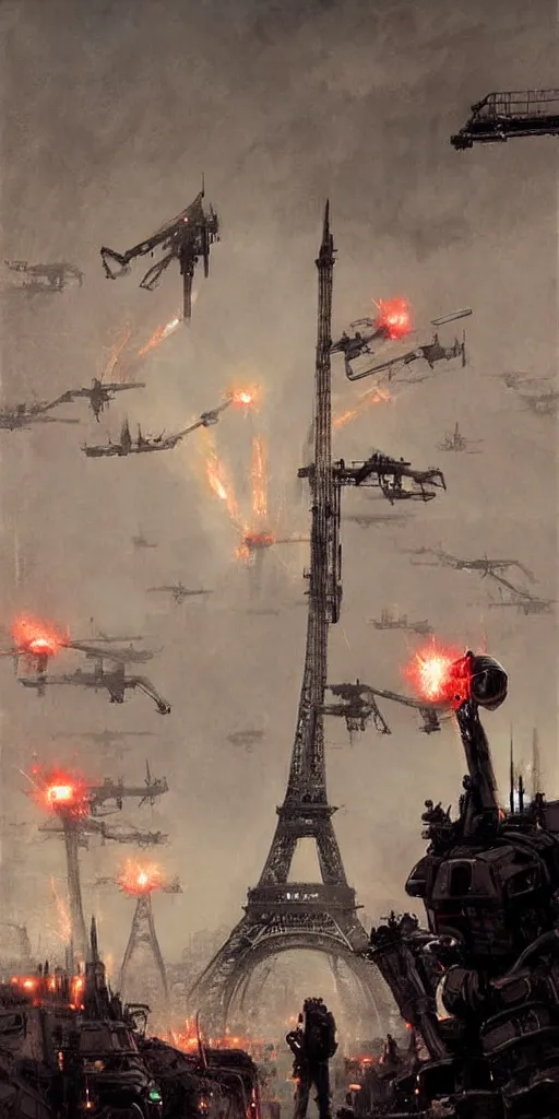 Image similar to war of the worlds, giant mech attack paris, human soldiers, eiffel tower! intense fighting, glowing lights!! digital painting, very detailed, art by jakub rozalski