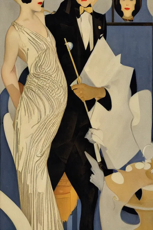 Image similar to a oil painting depicting a Jazz Age high society figure, 1920s style, smooth, highly detailed, high contrast, Coles Phillips, Dean Cornwell, JC Leyendecker, 8K