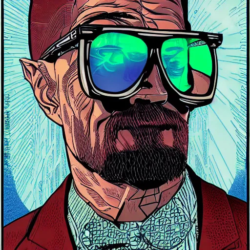 Prompt: hyper detailed comic illustration of a cyberpunk Walter White wearing a futuristic sunglasses and a gorpcore jacket, markings on his face, by Eng Kilian and Geof Darrow, intricate details, vibrant, solid background, low angle fish eye lens
