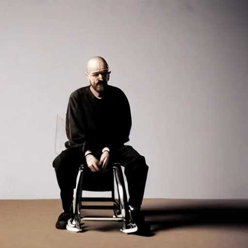 Image similar to walter white sitting on chair standing photo by annie leibovitz 8 0 mm lens bokeh