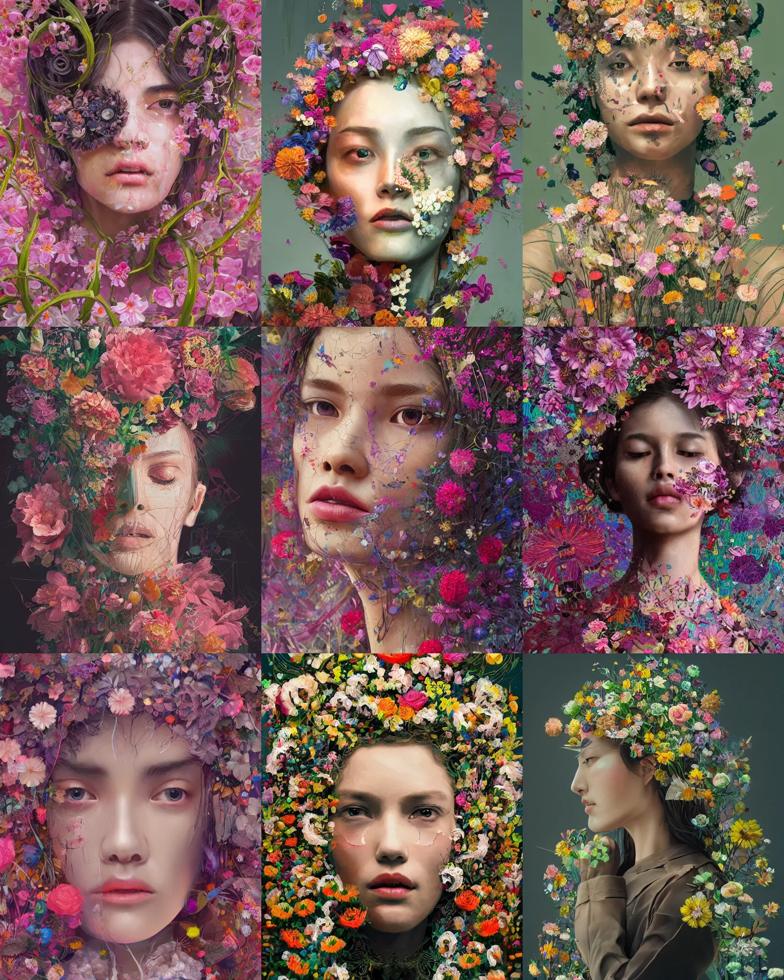 Prompt: portrait of a woman made of flowers. intricate abstract. intricate artwork. by tooth wu, wlop, beeple, dan mumford. trending on artstation, greg rutkowski very coherent symmetrical artwork. cinematic, hyper realism, high detail, octane render, 8 k, iridescent accents