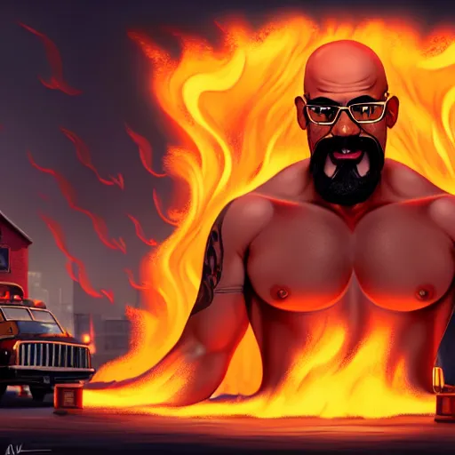 Prompt: bald boxer with chest tattoos with van dyke black beard on fire, digital art, cinematic, concept art, 8k, painting, imaginefx, cgsociety, syd mead, trending on artstation, wide shot, full shot