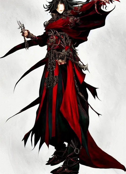 Prompt: Full body portrait of a handsome mature elf fire mage with long black hair wearing ornate scarlet robe. In style of Yoji Shinkawa and Hyung-tae Kim, trending on ArtStation, dark fantasy, great composition, concept art, highly detailed, dynamic pose.