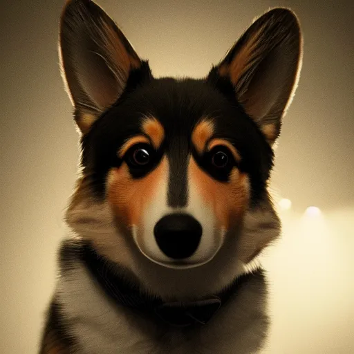 Image similar to a Photorealistic dramatic hyperrealistic render of a beautiful corgi ,Beautiful dynamic dramatic dark moody lighting,shadows,cinematic atmosphere,Artstation,concept design art,Octane render,8K