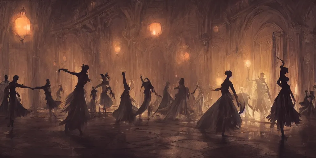 Prompt: beautiful render of a ballroom, concept art, some dancers, at night, medieval!!, very bright, artstation, detailled, manga!, fantasy! by greg rutkowski