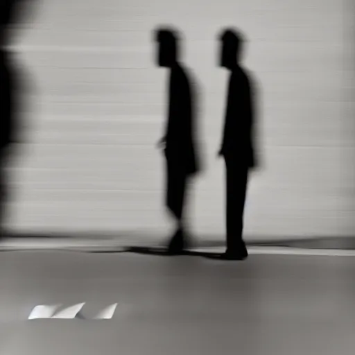 Image similar to an abstract photograph of two male shadowy figures, motion blur, 35 mm, black-and-white