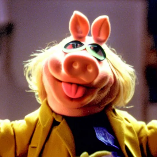 Image similar to Miss Piggy as Morpheus in The Matrix (1999) offering red or blue pill