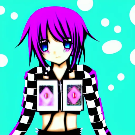 Image similar to emo anime girl, scene, rainbowcore, vhs monster high, glitchcore witchcore, checkered spiked hair, pixiv