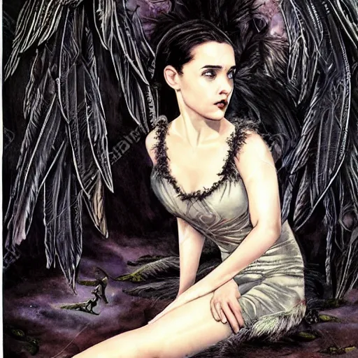 Image similar to young innocent jennifer connelly as innocent gothic beauty with black feathers instead of hair, pale and sickly, goosebumps, eyes closed, mutant, sad, feathers growing out of skin, sitting in opulent wheelchair, romantic, comic book cover, vivid, beautiful, illustration, highly detailed, rough paper, dark, oil painting