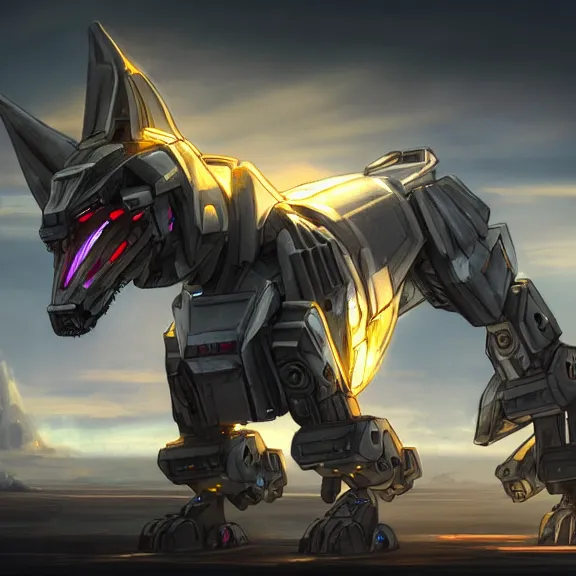 Prompt: hyper realistic, epic, highly detailed cinematic shot of a gigantic feral robot mecha canine, sharp dragon claws, cannon mounted on back, sleek armor, glowing visor, destroying city, digital art, furry art, macro art, dragon art, furaffinity, deviantart, sofurry