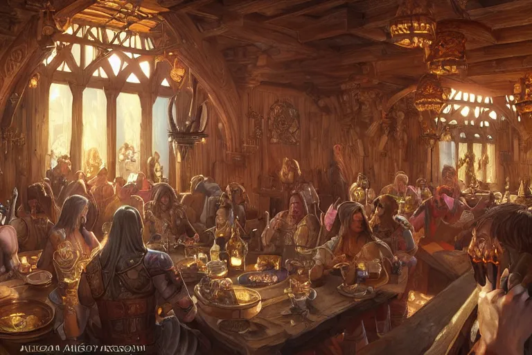 Image similar to ultra realistic illustration, medieval tavern interior from warcraft and d & d, intricate, elegant, highly detailed, digital painting, artstation, concept art, smooth, sharp focus, illustration, art by artgerm and greg rutkowski and alphonse mucha
