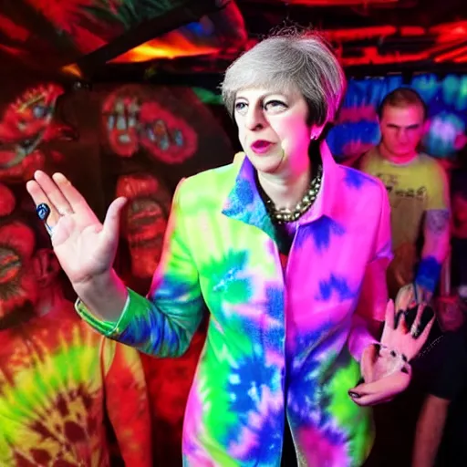 Prompt: Theresa May at a psytrance club, magic mushrooms, lasers, tie-dye, psychedelic