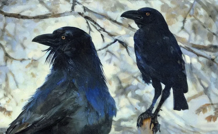 Image similar to oil painting by anders zorn, closeup crow in forest, very very very very beautiful art, dramatic light, strong shadows, shiny blue black feathers