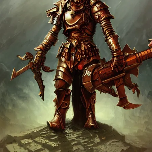 Image similar to a full metal paladin in the style of peter andrew jones and tom bagshaw, heavy metal album cover, fantasy warrior, standing before ancient ruins