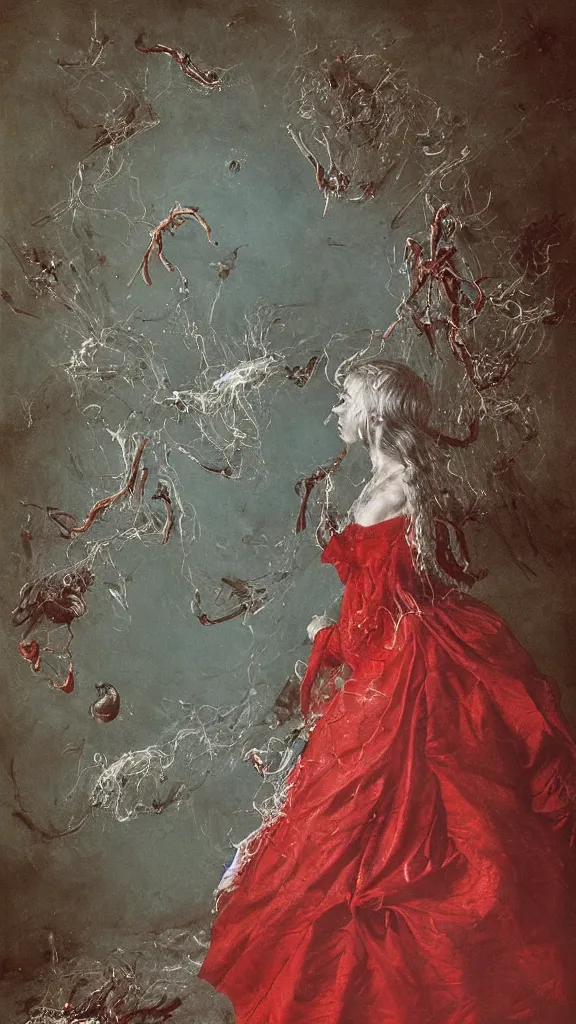 Prompt: A 18th century, messy, silver haired, woman half spider, dressed in a red wedding dress. Everything is underwater and floating. Mystical, dreamlike, atmospheric, scarry, horroristic shadows, ((greenish blue tones)), theatrical, (((underwater lights))), high contrasts. fantasy oil canvas, inspired by Henry Wallis's The Death of Chatterton,