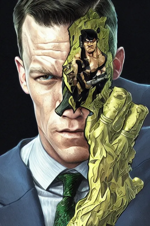 Image similar to portrait of john cena as harvey dent two face, godlike, upper body, fantasy, intricate, elegant, highly detailed, digital painting, artstation, concept art, sharp focus, illustration, art by artgerm and greg rutkowski and alphonse mucha