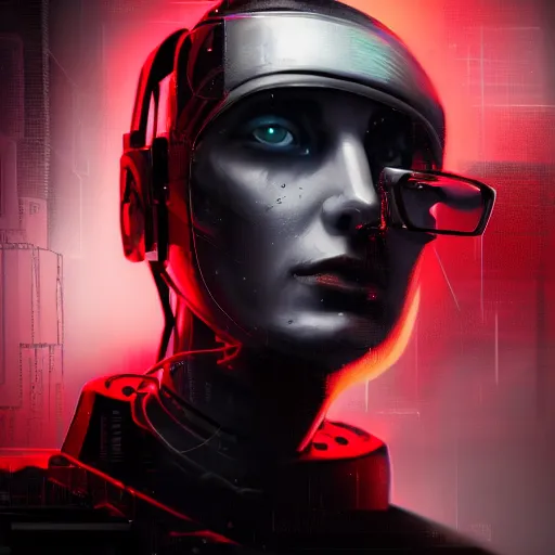 Image similar to a cyborg, cyberpunk, surrounded by smoke, award-winning art, black on red, highly creative, hyperrealistic, highly-detailed, by Sam Spratt, by Vlad Rodrig﻿u﻿e﻿z, computer screens in the background, trending on Artstation, dark, dramatic, cinematic, realistic studio lighting, realistic reflections, 4k, professional, canon