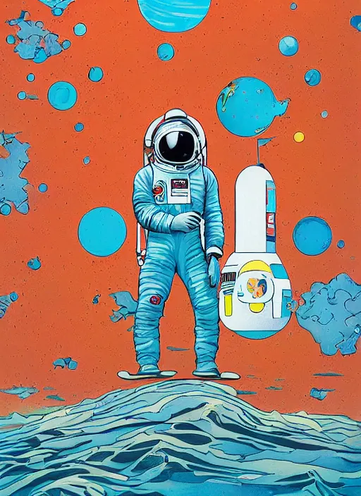 Prompt: seen through a window, futuristic astronaut floating in space, james jean artwork, colourful
