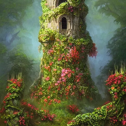 Prompt: fantasy stone tower covered in vines and flowers, misty forest, highly detailed, realistic, boris vallejo