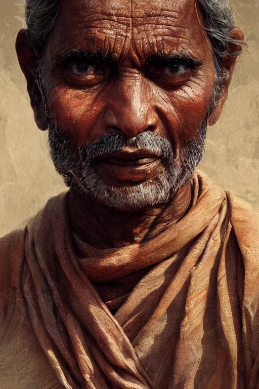 Image similar to hindu citizen, close - up portrait, poor, intricate, elegant, volumetric lighting, scenery, digital painting, highly detailed, artstation, sharp focus, illustration, concept art, ruan jia, steve mccurry