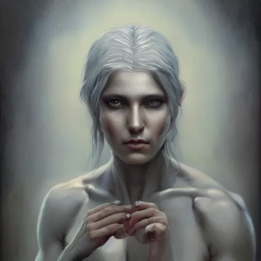 Image similar to painting of a beautiful grey haired girl with muscles, by tom bagshaw, greg rutkowski, wlop