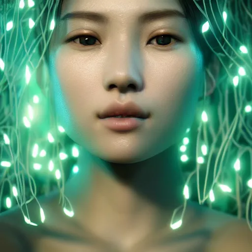 Image similar to intricate highly detailed face portrait of asian - european woman, light mint water vines on her face, intricate, cgsociety, unreal engine, octane render, sharp focus, smooth, volumetric lighting, cinematic composition, artstation