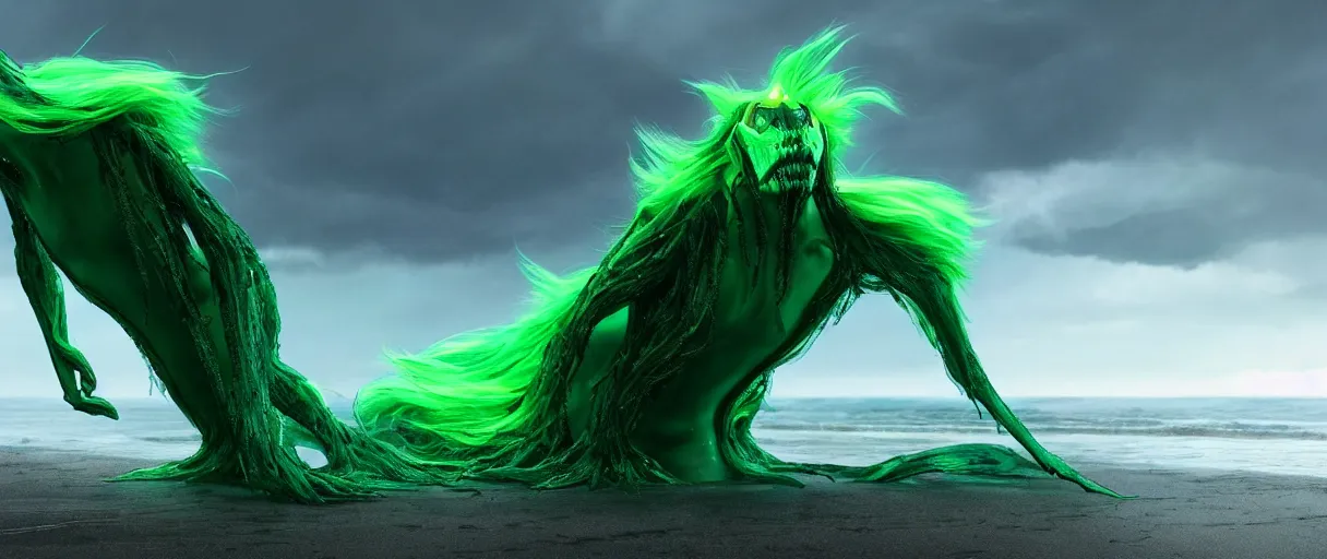 Image similar to a stunning cinematic extreme wide shot of an adorable confused slick sleek smooth green and blue humanoid sea monster wearing clothes made of seaweed on a dark stormy beach, well designed perfect with huge luminous sad eyes, sharp claws, cgsociety, hd octane render, fantasy, furry art, artstation, deviantart, furaffinity, very very clean, super smooth, thunderclouds