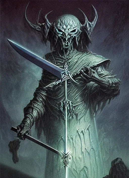 Image similar to Demonic sword in full length with blue glowing runes and eyes on the blade. In the dark, glowing ominously. In style of Beksinski, concept art, highly detailed.