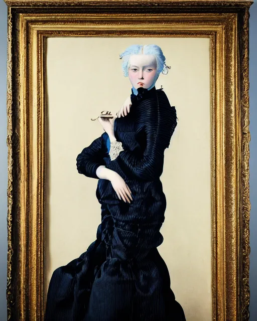 Prompt: photo-realistic portrait of a woman with white and blue hair , wearing a black dress by Vivienne Westwood, intricate details, masterpiece, in the style of Jean Auguste Dominique Ingres, black background
