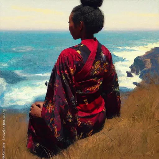 Image similar to black girl with a bun, in a red kimono, backview, sitting on edge of cliff, by jeremy lipking, tim rees, joseph todorovitch