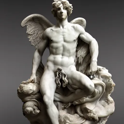 Prompt: a delicate renaissance marble sculpture of Lucifer highly aroused and amused, highly detailed transparent marble cloth, gi, global illumination, physically based rendering, photorealistic, top light, dark background