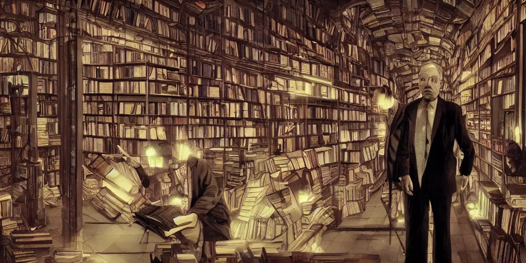 Image similar to cinematic shot of the portrait of an jorge luis borges and an old franz kafka as owners of a bookstore full of books, dystopian future, neon lights, sci - fi, night lights, haze, concept art, intricate, in the style of katsuhiro otomo, akira, unreal engine