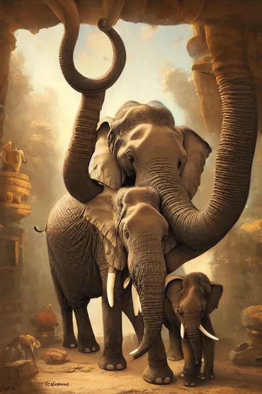 Image similar to one elephant in a porcelain shop, cgsociety, oil painting by justin gerard