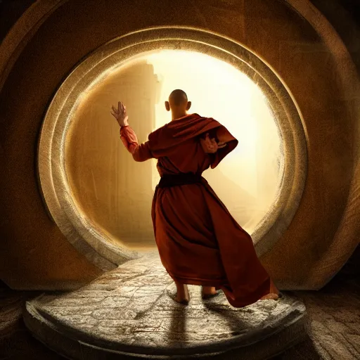 Prompt: concept art a monk discovering a portal to enlightenment, 8 k, cinematic lighting, dark, detailed, crisp, clarity, crisp, ornate, luxury, elite, zen, cinematic