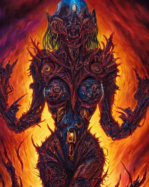 Image similar to mechanical charred bloody fleshmetal cyborg daemonhost woman psychedelic flamer of tzeentch, by antonio j. manzanedo, alex grey, android jones, wayne barlowe, philippe druillet, raymond swanland, cyril rolando, josephine wall, harumi hironaka, cronenburg, trending on artstation