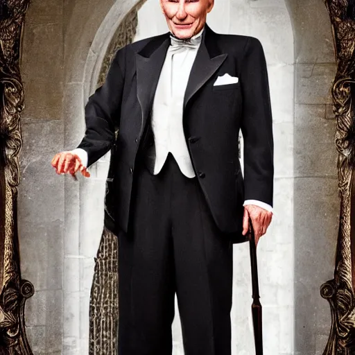 Prompt: older fantasy butler that looks similar to michael kane mixed with patrick stewart, full body portrait, mid - shot, handsome, 4 k, detailed, photo realistic, balding, well dressed, pet rat on shoulder