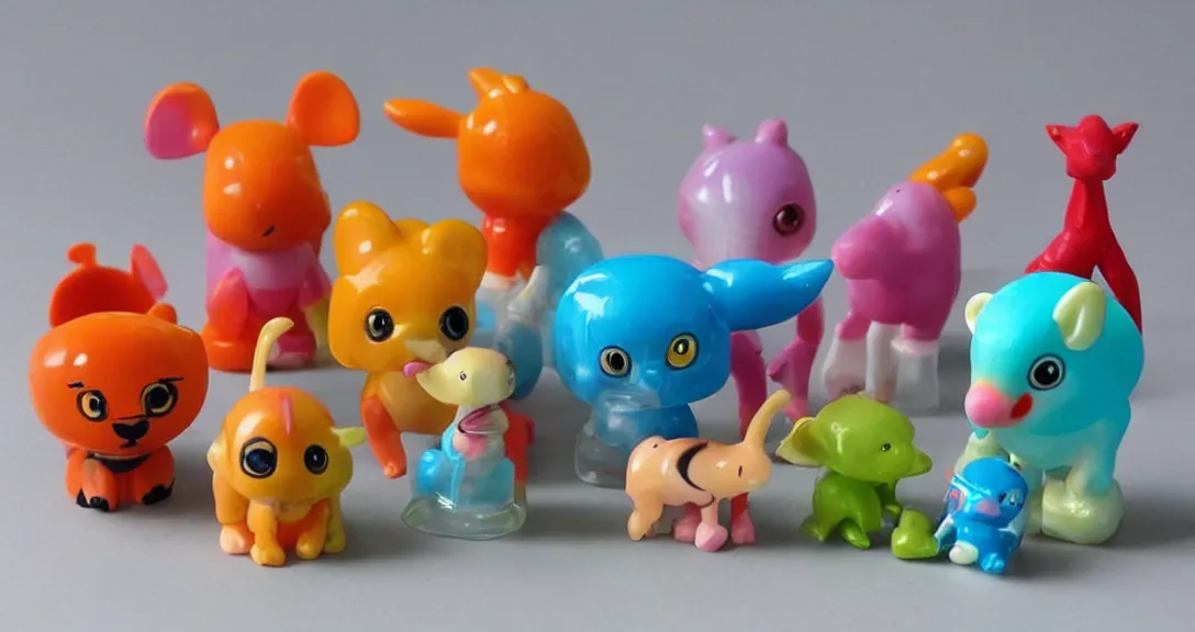 Image similar to some cute plastic toys that look like animal characters, sunset colors