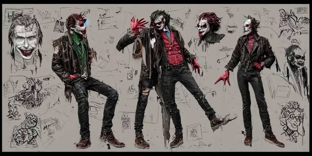 Prompt: the joker as a wanderer with his neck fully tattooed, wearing a scratched leather and ripped leather jeans, wearing an aviator outfit with a colorful stamp on its back, character sheet, fine details, props, concept design, contrast, kim jung gi, greg rutkowski, trending on artstation, 8 k, full body, turnaround, front, back, ultra wide angle