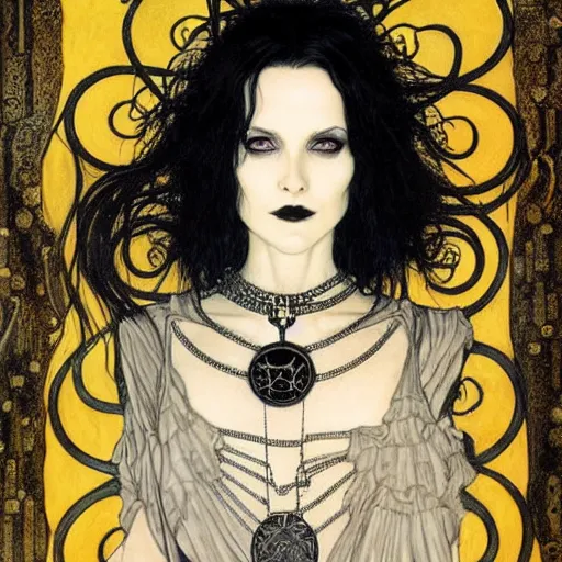 Prompt: death, a beautiful pale goth girl wearing a black vest and black punk hair, an ankh medallion hangs around her neck. portrait by joshua middleton and gustav klimt, vertigo comic