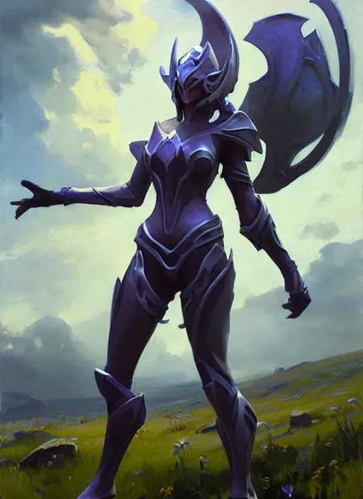 Prompt: Greg Manchess painting of Syndra from League of Legends wearing Forerunner Armor from Halo, countryside, calm, fantasy character portrait, dynamic pose, above view, sunny day, thunder clouds in the sky, artwork by Jeremy Lipkin and Giuseppe Dangelico Pino and Michael Garmash and Rob Rey, very coherent asymmetrical artwork, sharp edges, perfect face, simple form, 100mm