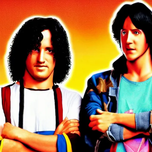 Prompt: bill and ted adventure in the style of layered laper - n 9