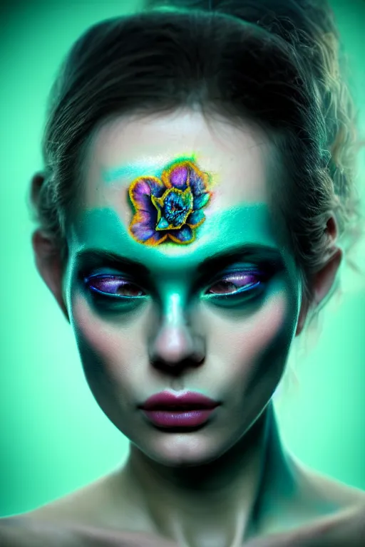 Prompt: neo-surrealist hyper detailed close-up portrait of woman with iridescent rococo flower tattoos on half of her face matte painting concept art key sage very dramatic dark teal lighting side angle hd 35mm shallow depth of field 8k