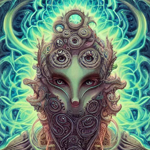 Prompt: faceless, shaman, cultist, lovecraftian, surreal, shrouded figure, powerful being, plant spirit, fractal entity, spirit guide, light being, pearlescent, shiny, glowing, ascending, beautiful, subtle pattern, trending on artstation, fractal pattern, sacred geometry by peter mohrbacher, highly detailed, professional art, illustration, cult, sacrificial altar, levitating, perfect symmetry, rendered in octane, unreal engine, biomechanical, fungal god, blurred background, light dispersion, glass skin, fractal skin
