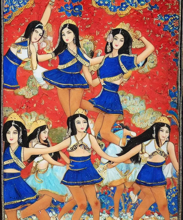 Image similar to a persian miniature painting, cute cheerleaders dancing, shorts, ultra sharp, extra details, ultra high quality, trending on pinteresst